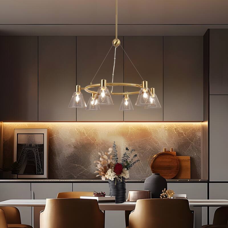 Veyra Modern 6-Light Gold Wagon Wheel Chandelier with Seeded Glass Shades - Brushed Electroplated Copper - Dia.27"xH21"