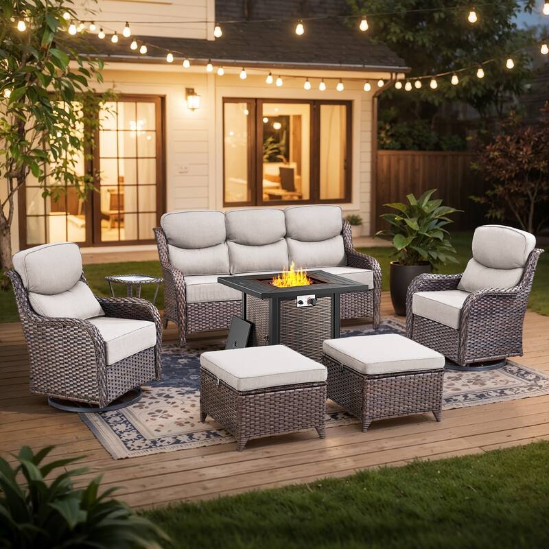 Pocassy 30 Inch Fire Pit Table with Sofa Swivel Chair Set - Beige Cushion Brown Wicker - 7-Piece Sofa Siwvel Chair Ottoman w/ Fire Table