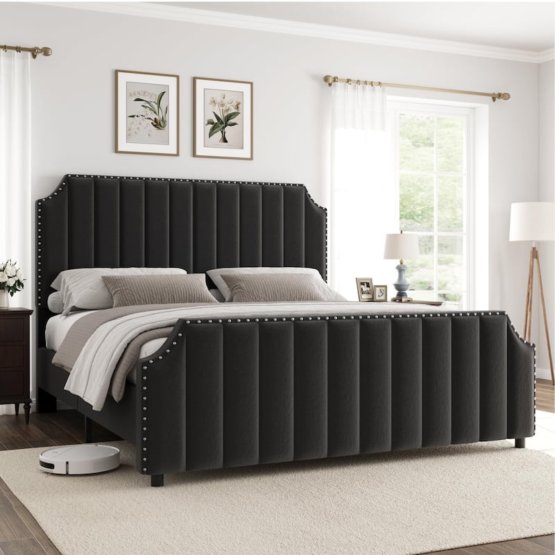Velvet Upholstered Bed Frame with Headboard and Footboard