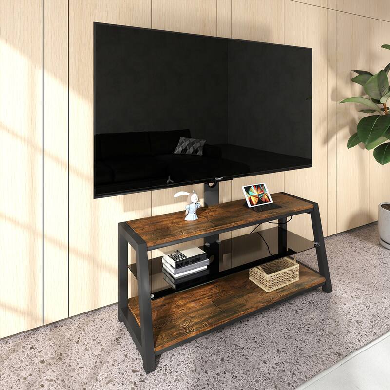 Wooden Storage TV Stand Black Tempered Glass Height Adjustable Universal Swivel Entertainment Center With Mount TV Stand,black