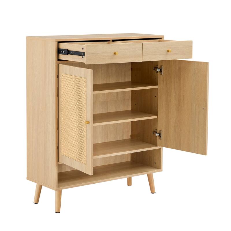 Rattan Weaving Shoe Cabinet, Multi-Functional Shoe Rack Organizer, Sideboard Buffet with Top Drawers & Lower Cabinet Doors