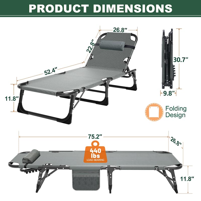 DoCred Camping Cot, Adjustable Reclining Folding Patio Chair Lounge - 75.2"x26.8"x11.8"