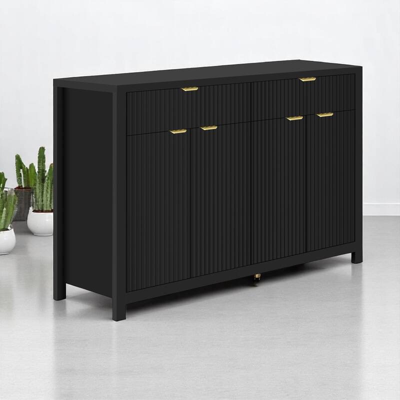 Wave-Grain Sideboard Buffet Cabinet with Drawers and Adjustable Shelves, 55in Console Table with Aluminum Handles