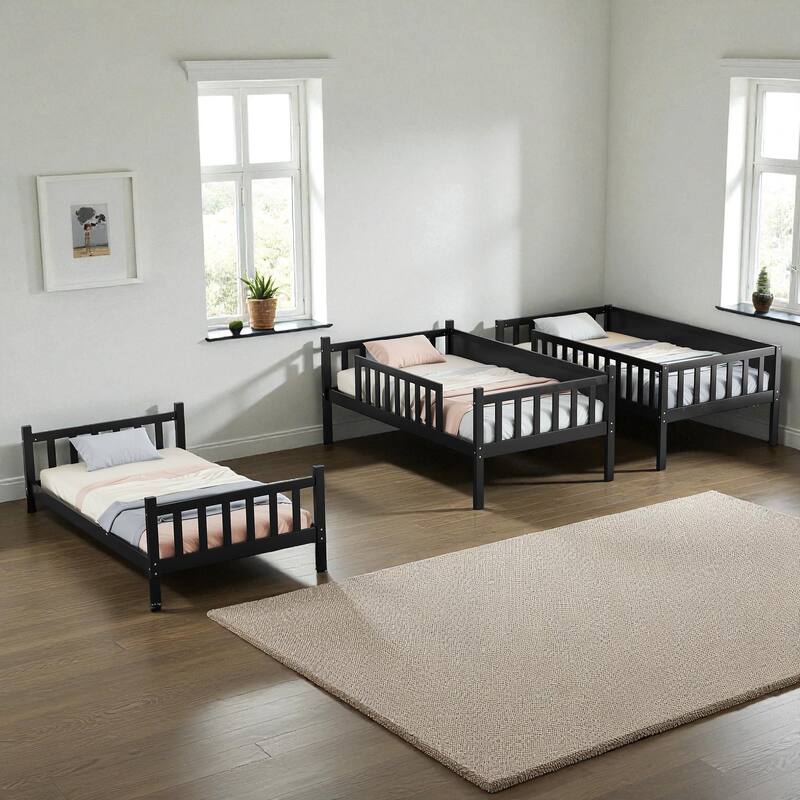 Twin Over Twin Over Twin Rubber Wood Triple Bunk Bed with Guardrails and Ladders, Detachable Convertible Triple Twin Bed Frame