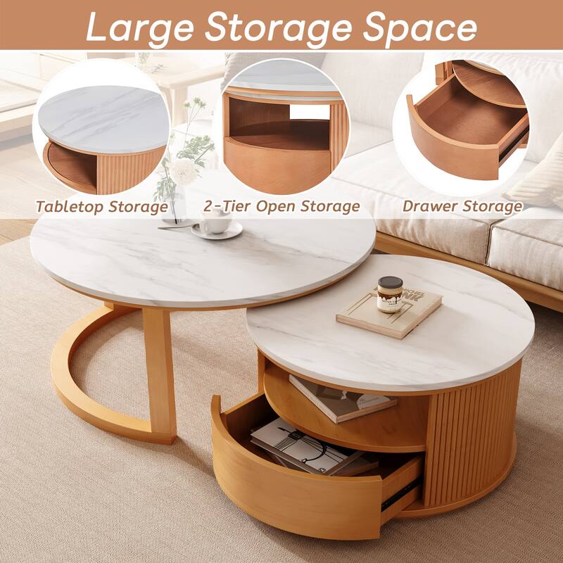 28.5'' Round Nesting Coffee Table Set with White Marble Top, 2-Tier Storage & 1 Drawer, Natural Wood Base