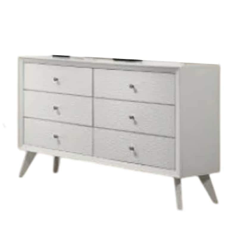 Tory Wide Dresser, 6 Drawers w Bronze Knobs, Textured White Wood