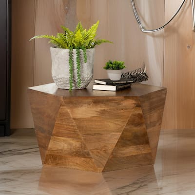 35 Inch Wood Drum Coffee Table, Artisan Hexagonal Rich Natural Brown Finish
