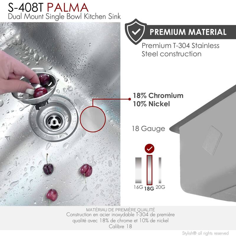 STYLISH 20.5 inch Single Bowl Undermount and Drop-in Stainless Steel Kitchen Sink - 20.5" x 18" x 9"