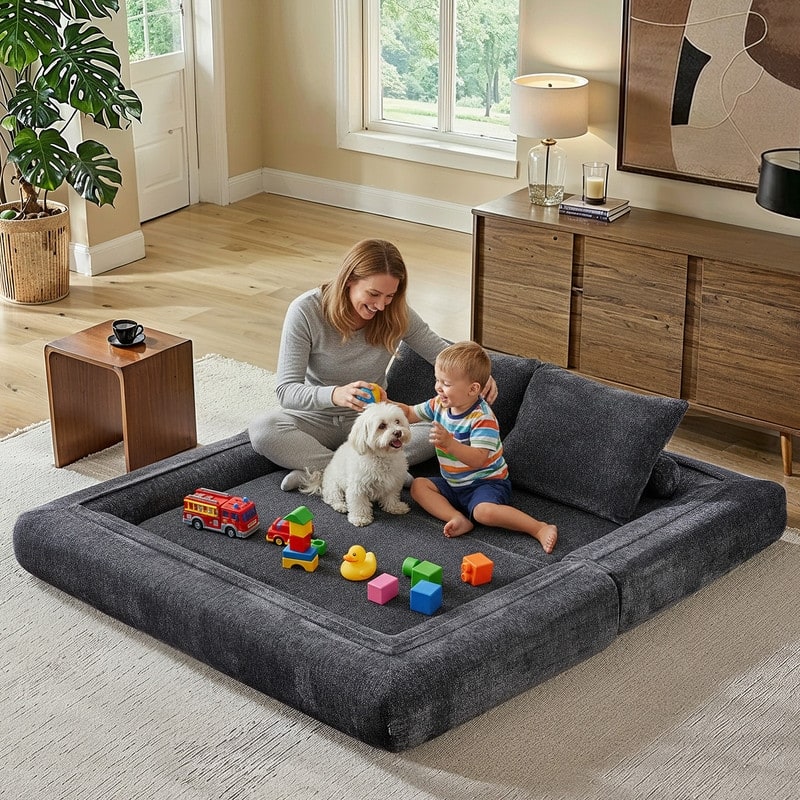 Modern Chenille Convertible Sofa Bed Queen Size Split Back Design