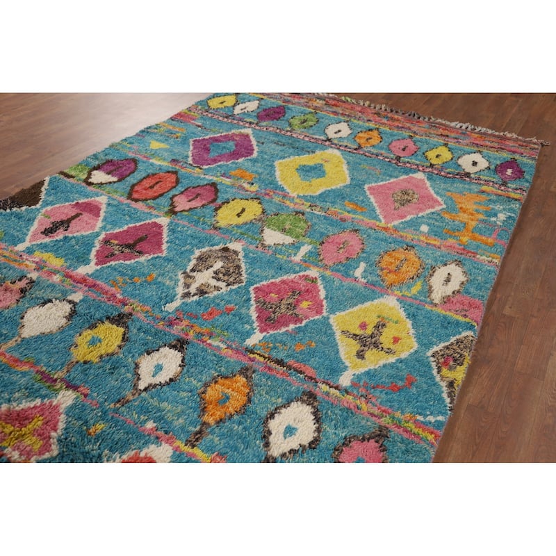 Hand Knotted Oriental 100% Wool Carpet Modern Tribal Navy Blue & Blues Moroccan Area Rug - 9' 8'' X 6' 2''