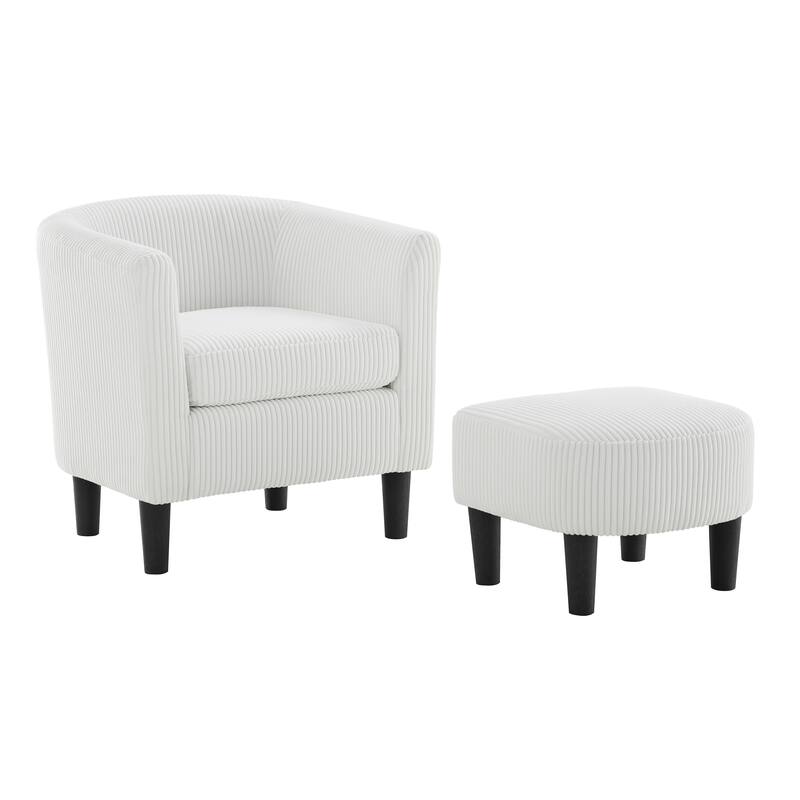 White Modern 26.38" Corduroy Upholstered Arm Chair with Ottoman, Rubber Wood Frame