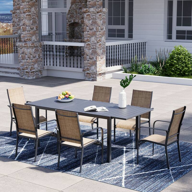 Patio Dining Set with Textilene Chairs / Swivel Rockers, Table w Adjustable Umbrella Hole