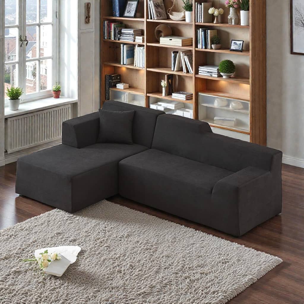 Modern Minimalist L Shaped Corduroy Sofa, High Back Sectional Couch for Living Room