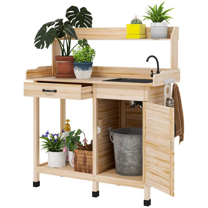 Outsunny Potting Bench Table with Faucet, Sink, Hooks and Storage Cabinet, Outdoor Prep Table Gardening Bench