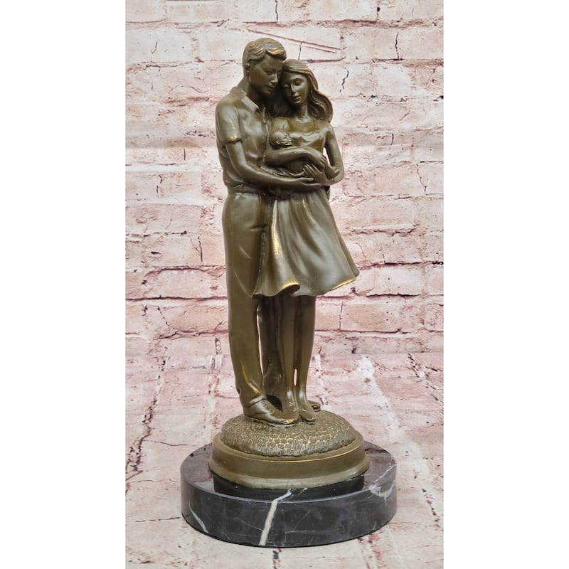 Bronze Sculpture Of Young Family Holding Newborn Baby By Milo