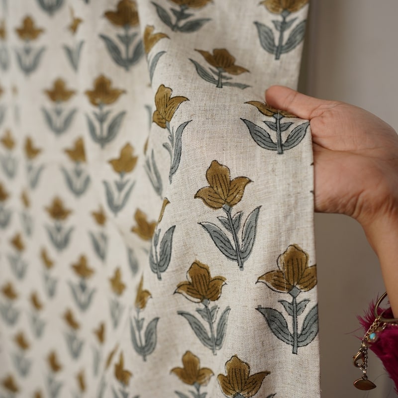 Fabdivine Handmade Floral Block Print Window or Door Room Décor Viscose Linen Curtain