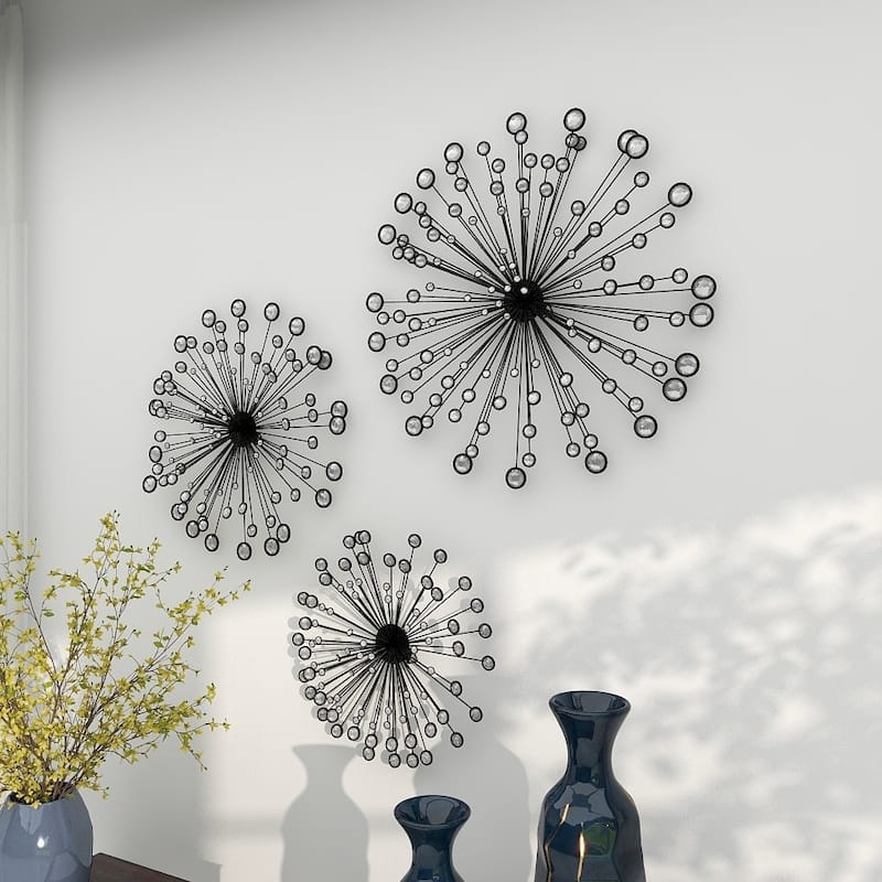 Black Metal Starburst Home Wall Decor with Crystal Embellishments (Set of 3)