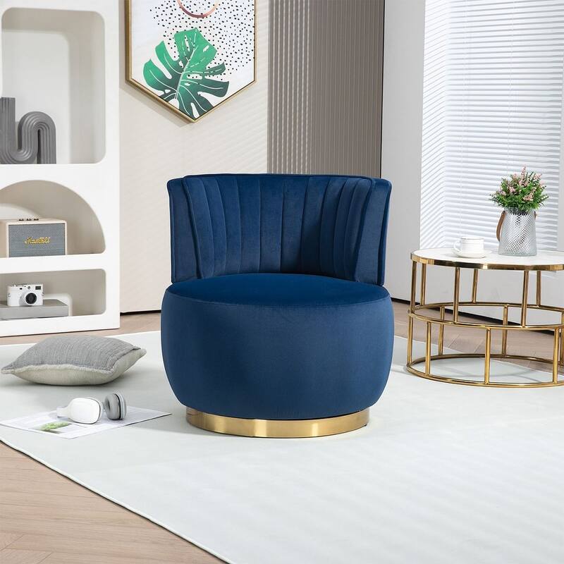 Modern Velvet 360 Degree Swivel Round Armrest Upholstered Accent Chair - Navy