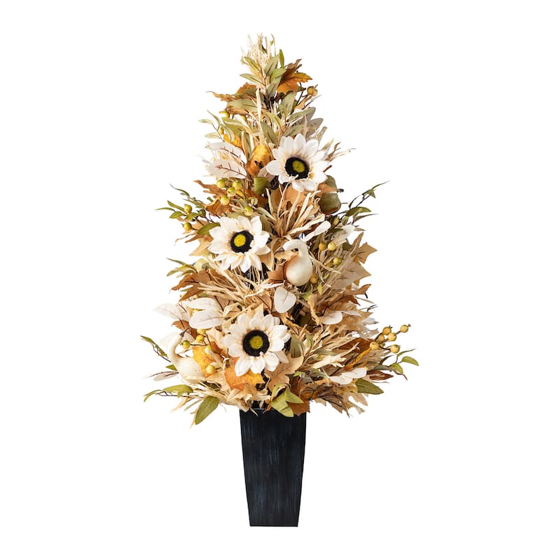 Glitzhome 5-Piece Fall Multi-Colored Sorghum Sunflower Pumpkin Wreath & Garland & Porch Tree Set