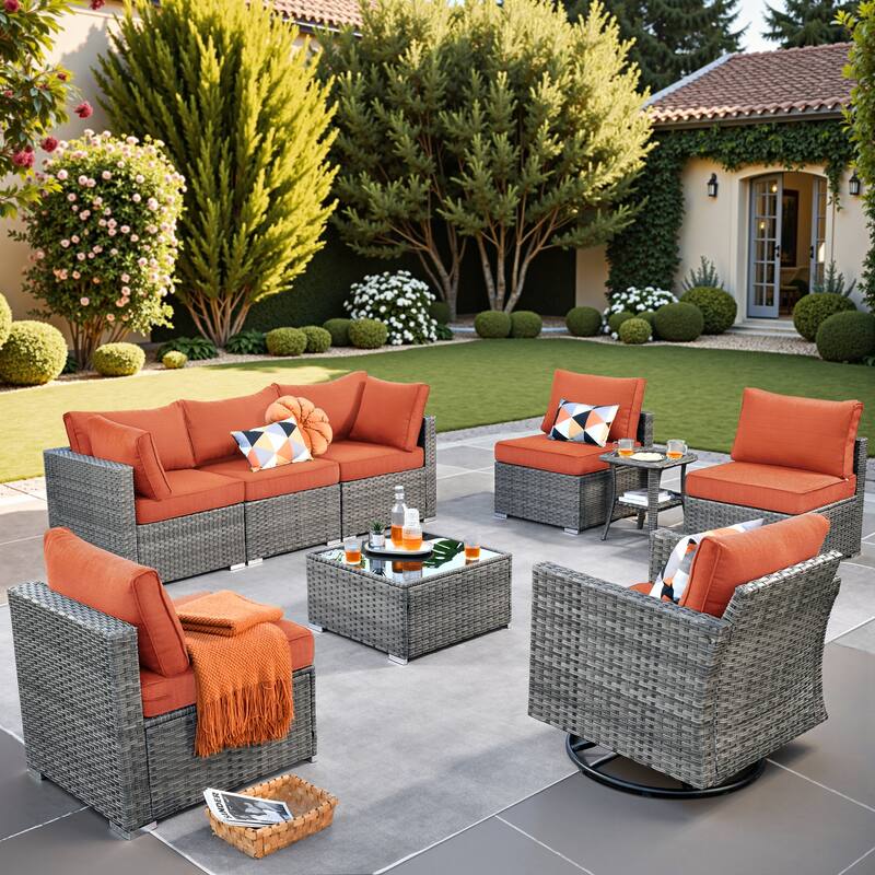 HOOOWOOO 9-piece Grey Wicker Patio Outdoor Sectional Set with Swivel Rocking Chair - Red/Orange