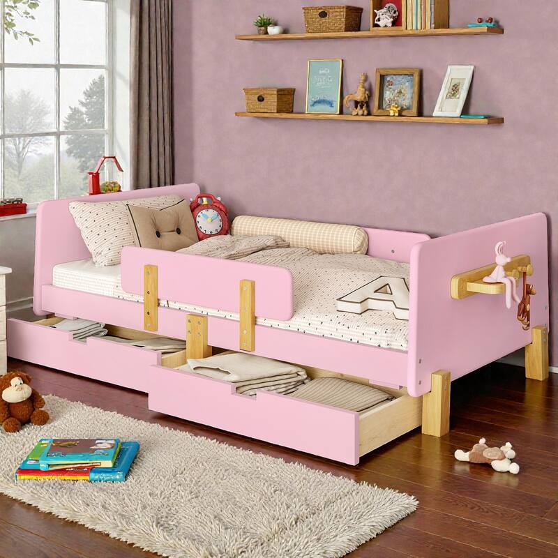 Twin/Full Wood Platform Bed with Storage Drawers, Guardrail, Shelf & Hooks, Solid Wood Frame, No Box Spring Needed