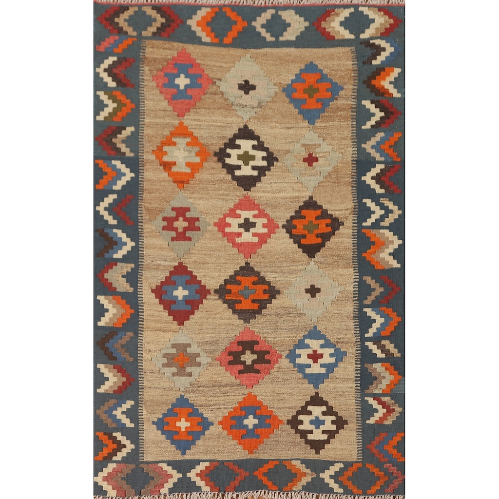 Geometric Kilim Shiraz Persian Accent Rug Hand-Woven Wool Carpet - 3'3" x 4'11"