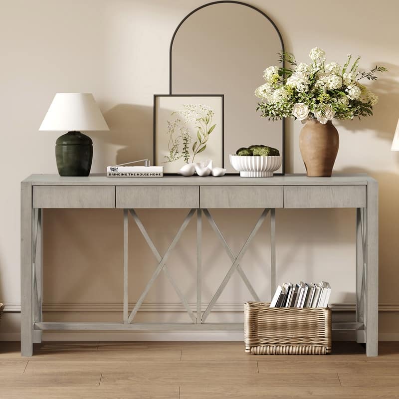 Modern Acacia Wood 60" Console Table with 4 Drawers and Unique X-Design for Entryway or Living Room