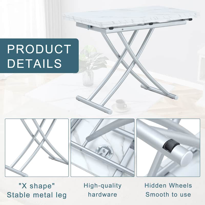 Roomfitters Lift Top Table with 0.8" MDF Surface and Silver Metal Legs, Modern Desk for Dining or Work Use, White+Silver