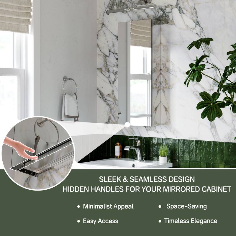 12x30 in Mirrored Medicine Cabinet, Tri-View, Soft-Close Blum Hinges, Recessed/Surface Mount, Anodized Chrome Aluminum