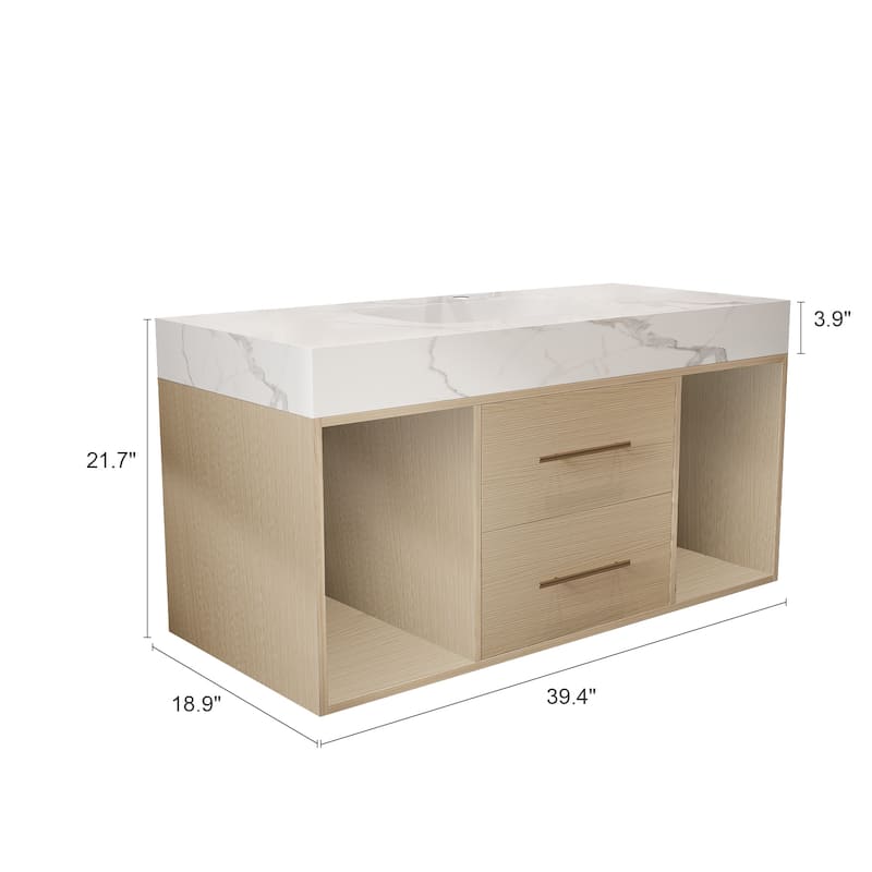 39.4" Floating Bathroom Vanity with Ceramic Sink, White Sintered Stone Top, Wall Mounted Cabinet with 2 Soft-Close Drawers