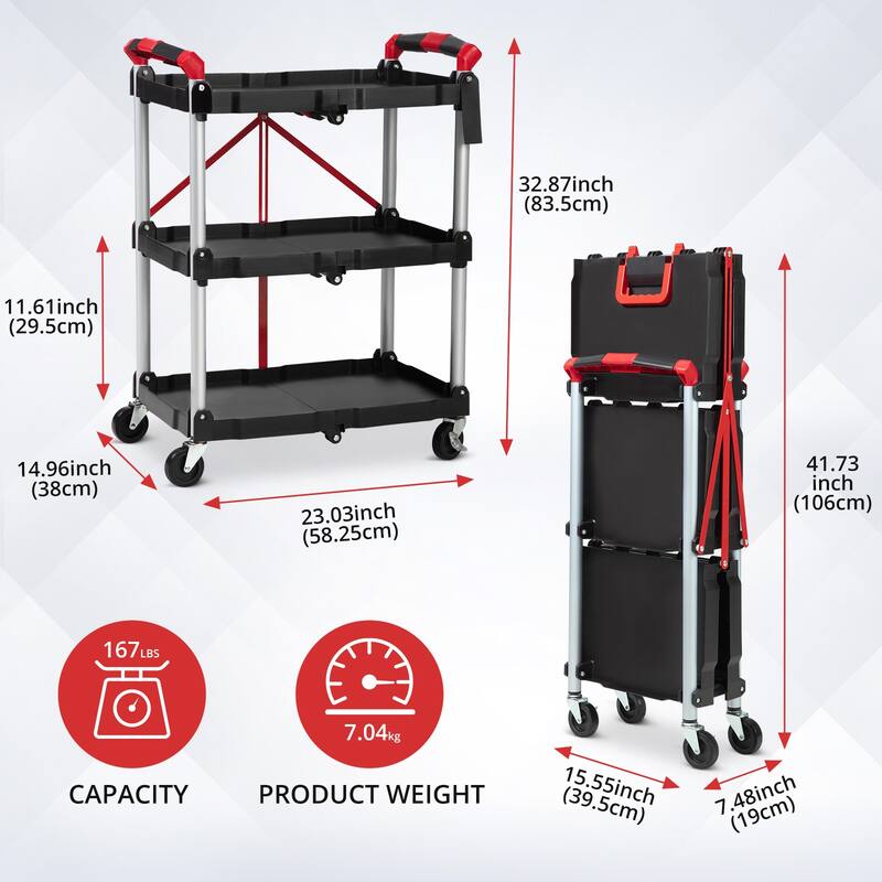 Portable Folding Service Cart, 3 Tier Folding Utility Cart