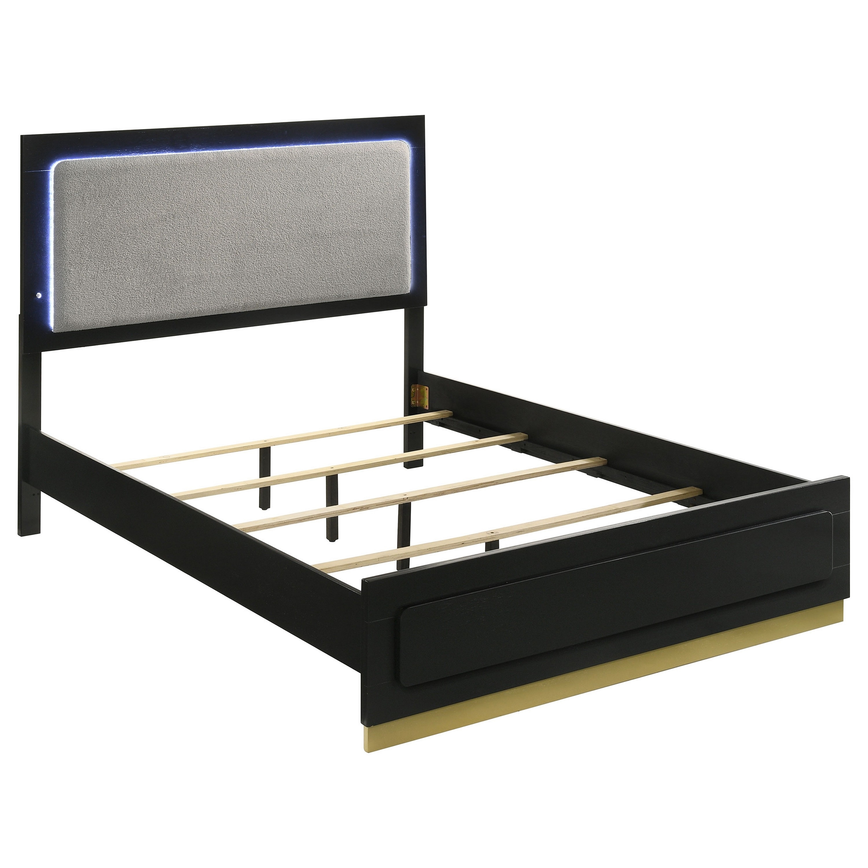 Caer Queen Size Bed, LED Panel Tall Headboard, Gray Upholstery, Black Okume