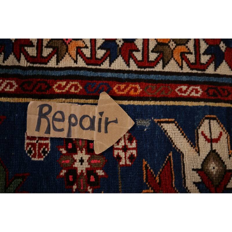 Navy Blue Geometric Kazak Vegetable Dye Wool Carpet - 3'5" x 5'2"