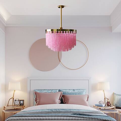 Modern Pink Fringe Tassel Pendant Light Drum Chandelier - 15in