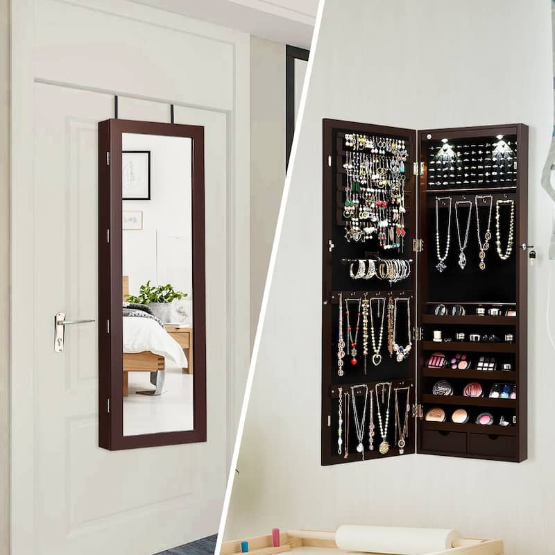 Costway Wall Mount Mirrored Jewelry Cabinet Organizer LED Lights