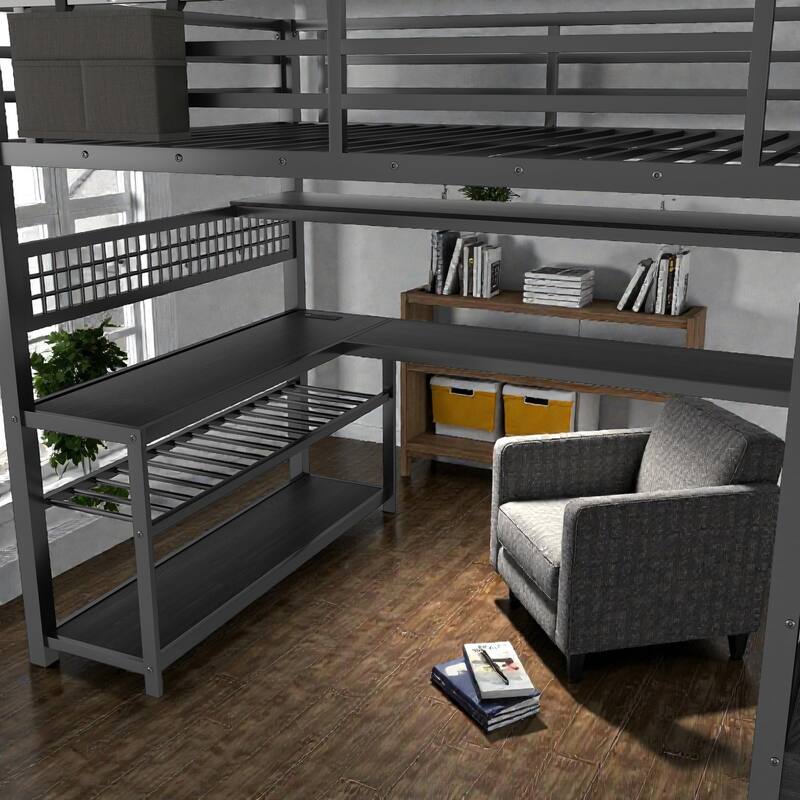 Full Size Metal Loft Bed with Staircase Storage, Wardrobe, L-Shaped Desk, Shelves, LED Lights and USB Charging Station