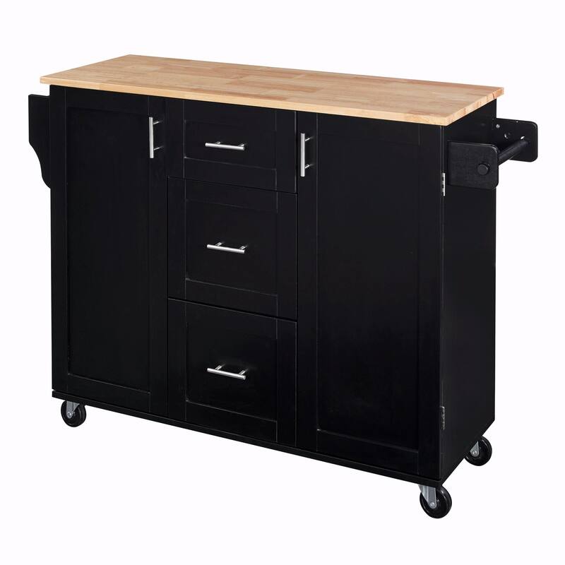 Rolling Kitchen Island with Rubber Wood Top, Drawers, Shelves, Internal Storage, Wheels, Spice & Towel Racks