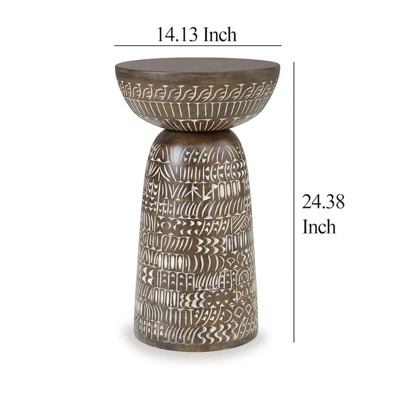 Accent Table, Faux Wood Classical Tribal Carved Design, Brown 14 Inch