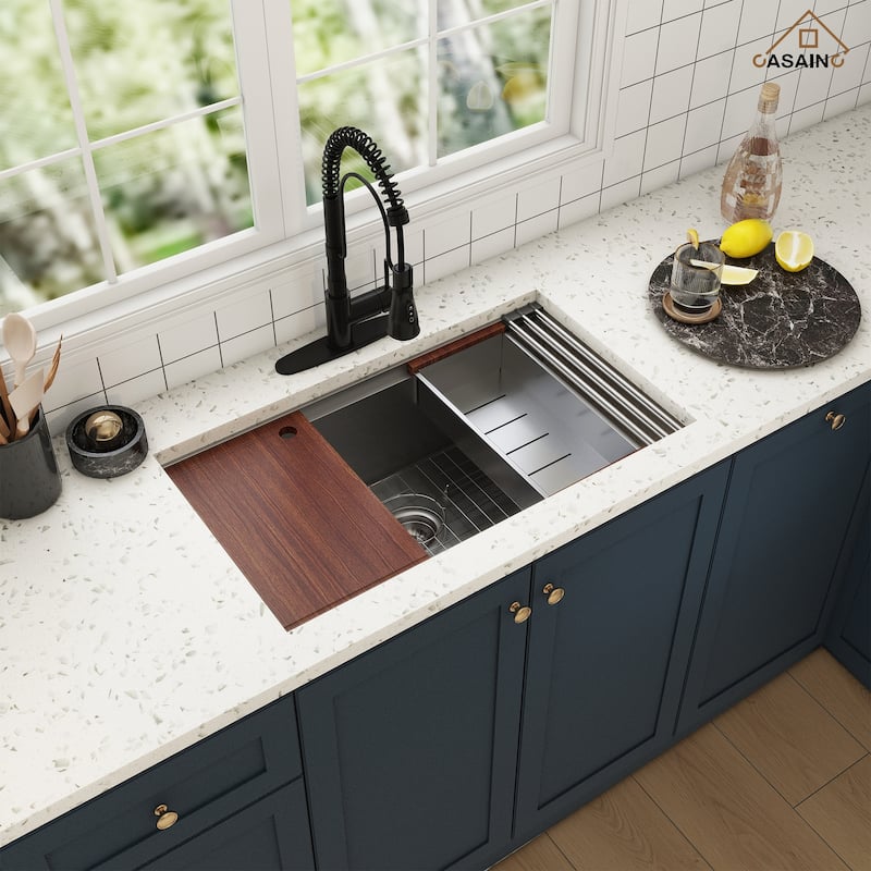 All-in-One Undermount Single Bowl 16 Gauge Nano Brushed Stainless Steel Workstation Kitchen Sink with Accessories and Faucet Set