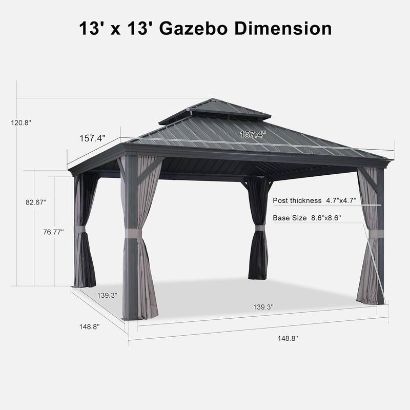 PURPLE LEAF Outdoor Galvanized Steel Hardtop Gazebo, Aluminum Frame Gazebo With Curtains and Light