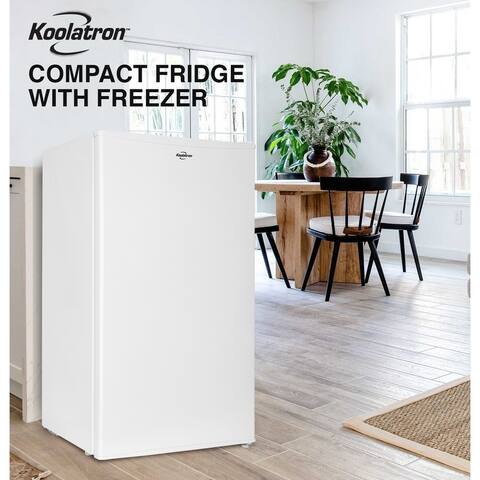Koolatron Compact Fridge w/ Freezer, 3.2 cu ft (91L), White, Space-Saving Flat Back, Reversible Door
