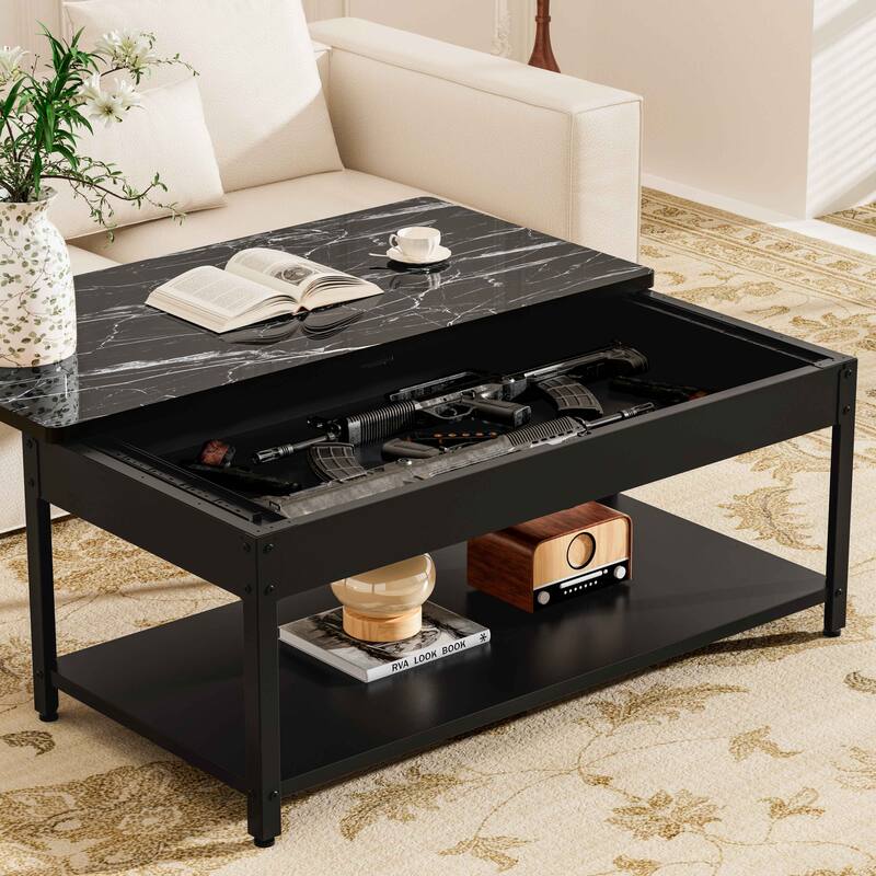 Rectangular double-layer coffee table with hidden storage compartment and fingerprint lock