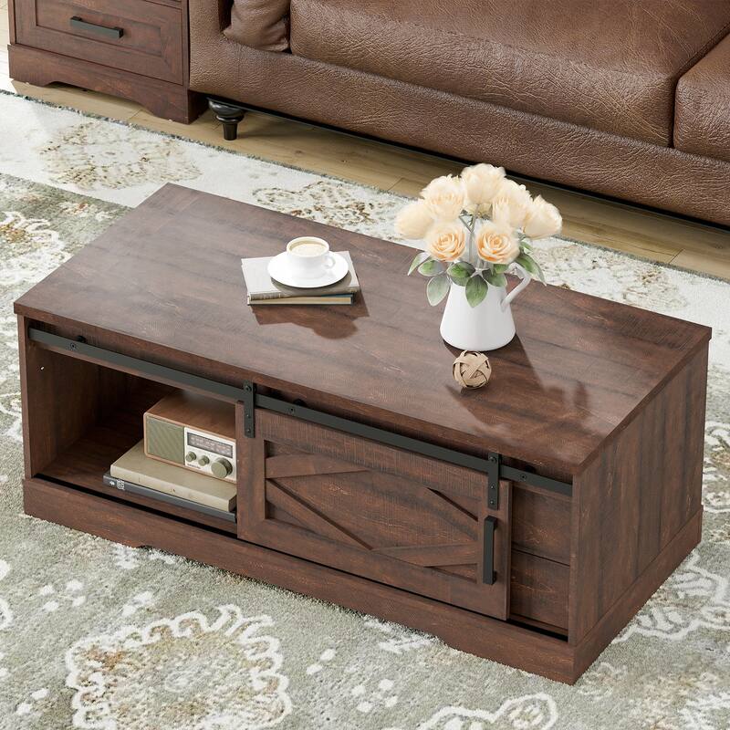 WAMPAT Rustic Coffee Table with Drawer and Storage