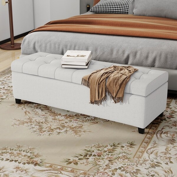 Light Grey Upholstered Storage Ottoman Bench