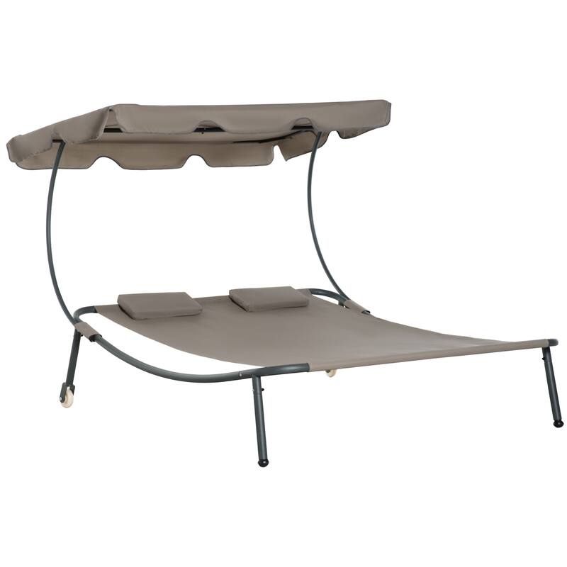 Outsunny Patio Double Chaise Lounge Chair, Outdoor Wheeled Hammock Daybed with Adjustable Canopy and Pillow