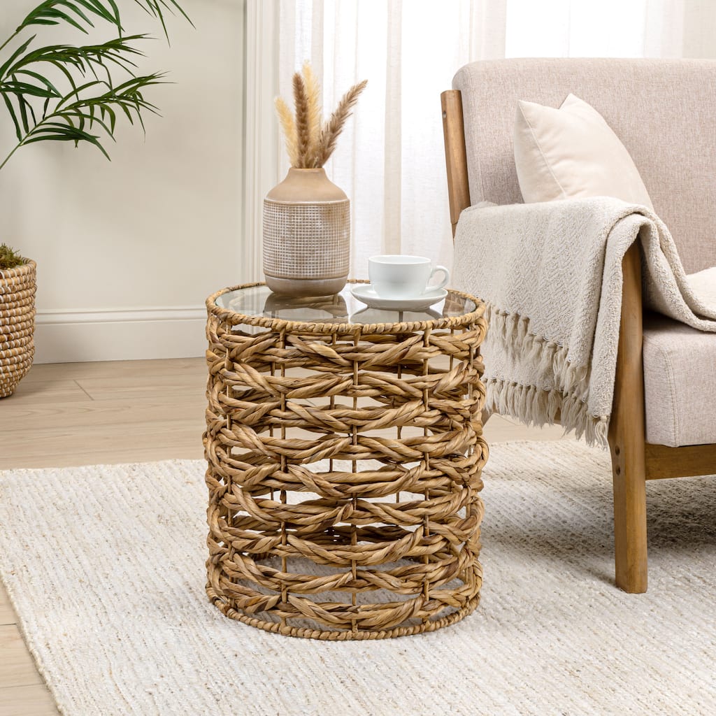 Malaya Bohemian Handwoven Round End Table with Glass Top, Fully Assembled Open Weave Accent Side Table