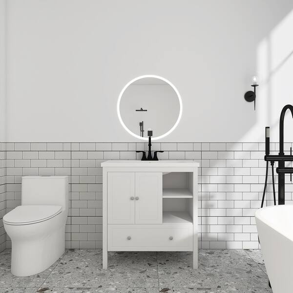 slide 1 of 30, 30 in. W x 18. in D. x 32 in. H Bath Vanity with White Ceramic Top White