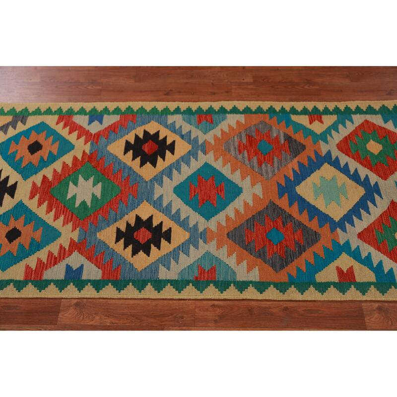 Hand Woven Oriental 100% Wool Carpet Southwestern Geometric Multi-Colored Kilim Runner Rug - 13' 0'' X 2' 10''
