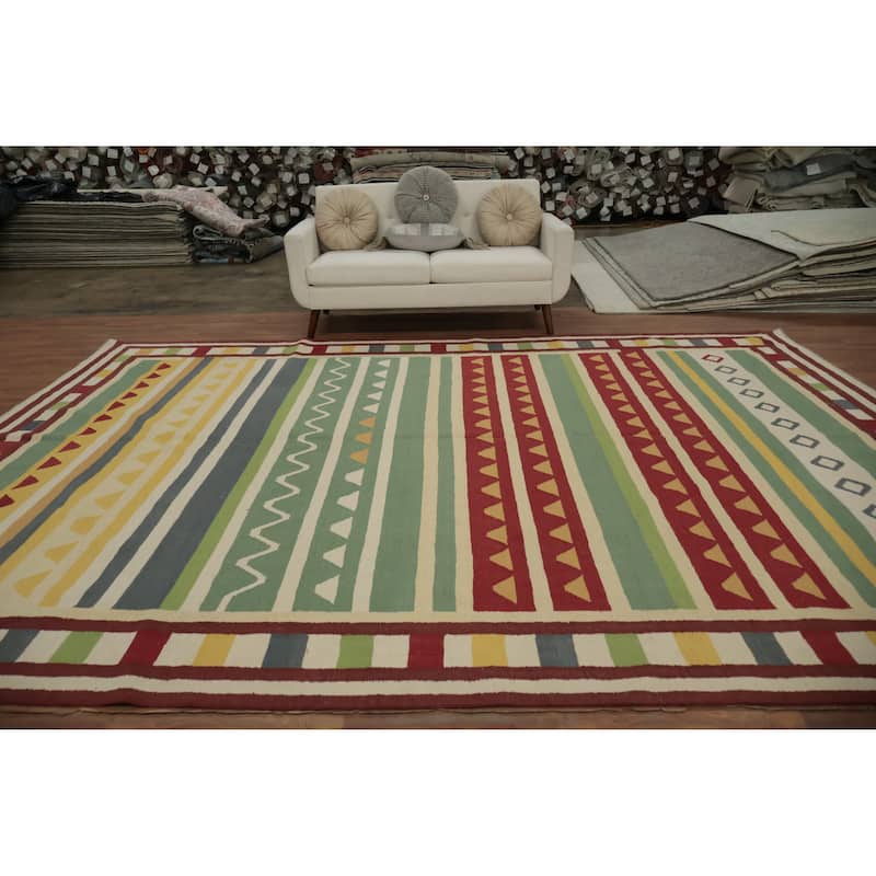 Hand Woven Oriental 100% Wool Carpet Southwestern Tribal Green Kilim Area Rug - 13' 3'' X 9' 9''