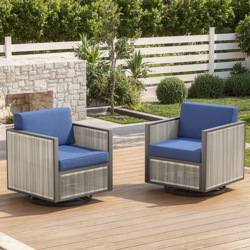 Pocassy 5 Inch Outdoor Patio Funiture Sets - Blue Cushion - 2PCS Swivel Chairs with Cushion